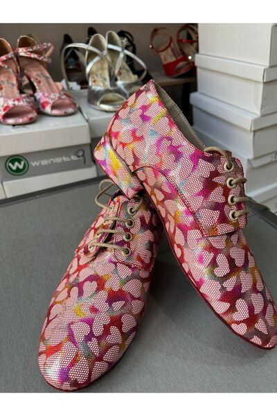 bitangosu Lovelace Heart Patterned Colorful Lace-Up Women's Tango, Salsa, Bacata, Swing Cazz Practice Shoes