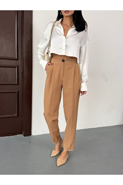 Cuyka Women's High Waist Hürrem Fabric Carrot Leg Wide Leg Trousers -