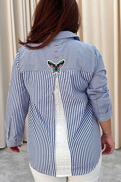 Qaju Women's Lace and Butterfly Patterned 100% Cotton Shirt - Blue