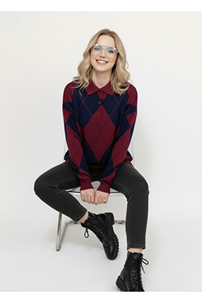 meday Clothing Lux Vintage Baklava Patterned, Polo Neck, Premium Knitwear Sweater