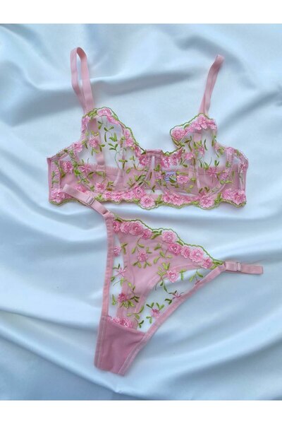 La Douce YILBAŞI ÖZEL Çıtır Pembe Çiçekli Dantel Detaylı Balenli Sütyen Tanga...