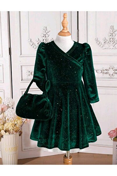 OEM Rochita verde din catifea cu gentuta asortata 6 ani,116 cm