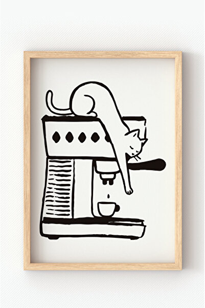 MIOVI Αφίσα με ξύλινο πλαίσιο με γάτα και καφετιέρα – Μίνιμαλ αστεία διακόσμη...