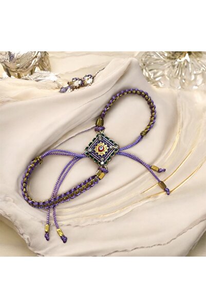 MODA Vintage Kadın Bileklik - Etnik Figürlü Ayarlanabilir Eflatun Örme Kadın ...