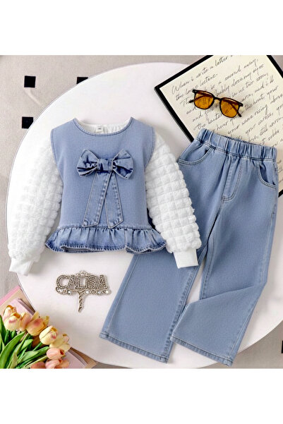 Calisa Girl's 3-Piece Set Palazzo Jeans Long Sleeve Blouse Bow Top Holiday Set