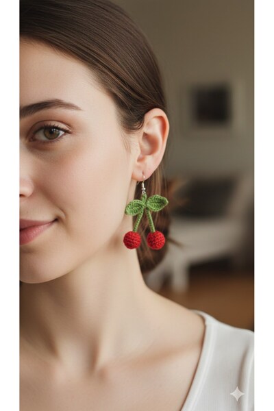BAYÇAĞRI Cherry Figured Knitted Model Women's Earrings