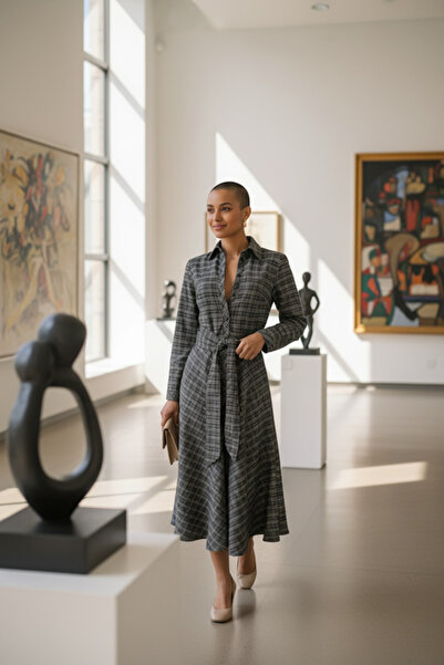 SEMİZ GİYİM Ekose Desenli Düğme Kapamalı Siyah Elbise