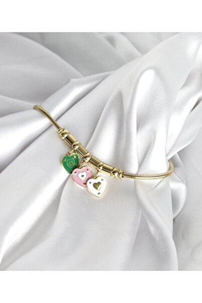 AKSESUARIM Women's Heart Detailed Enamel Dangle Steel Bracelet
