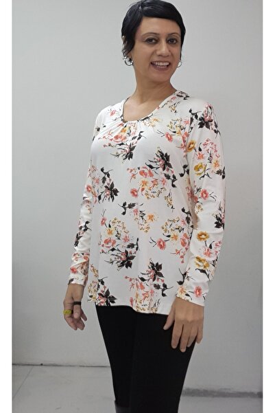 Mertcan Butik Cream Floral Print Front Smocked Long Sleeve Combed Viscose T-Shirt