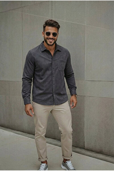 MADZEYMODA Men's Single Pocket Scuba Fabric Smoked Suede Shirt Ls-19811