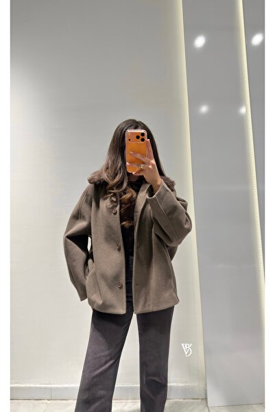 viadellabutik Çıkarılabilir Kürk Yaka Kaşe Mont -KAHVE