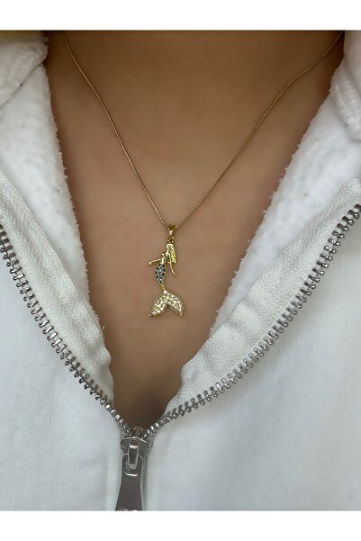 Hicrans Takı DENİZ KIZI MODEL RENKLİ TAŞLI GOLD ÇELİK KOLYE