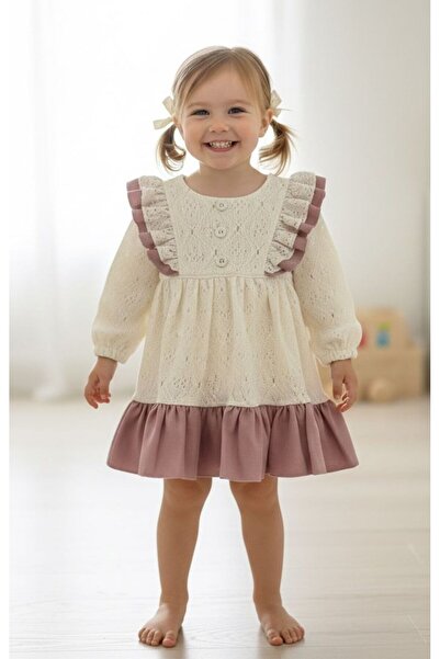 Canöz Kids Kız Bebek Naturel Gülkurusu Elbise