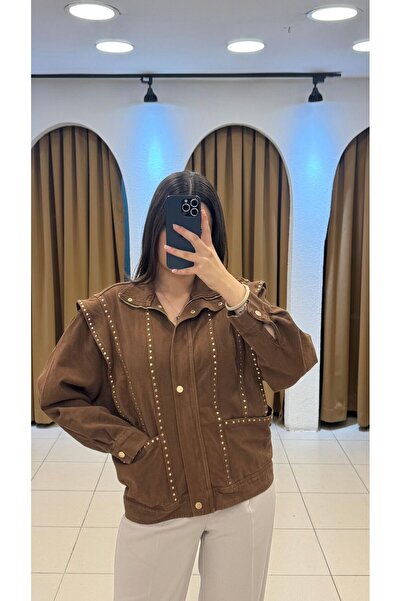 SUNAYBUTİK KAHVERENGİ ZIMBA DETAYLI SÜET CEKET