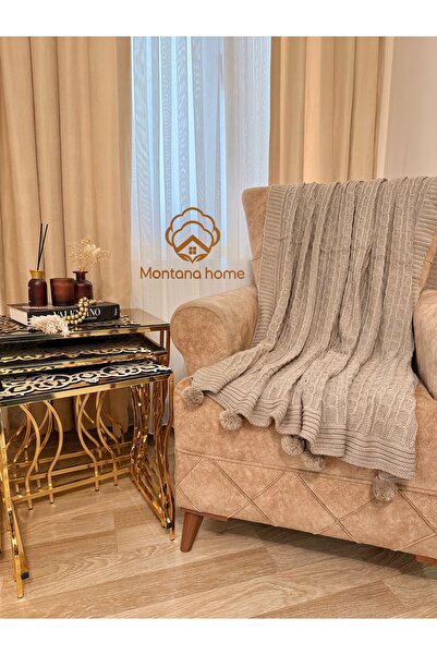 montanahome Pompom Knitwear Knitted Tv and Diz Blanket – 130X170 cm
