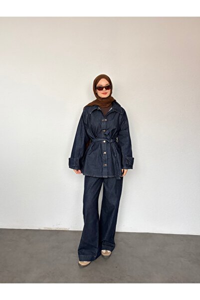 tummabutik Belden Kuşaklı Kol Detaylı İkili Kot Takım