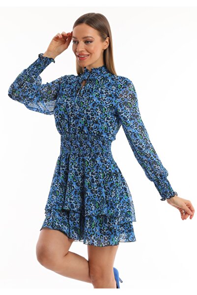 Miss Allos Women's Chiffon Lined Blue Color Floral Pattern Comfortable Dress 716
