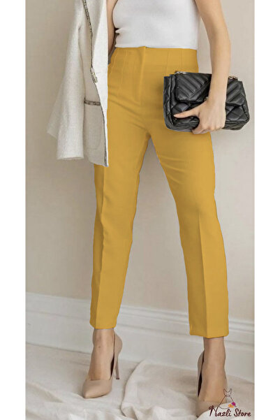 MODA High Waist Stitching Detailed Pencil piped Carrot Narrow Leg Mustard Fabric Trousers
