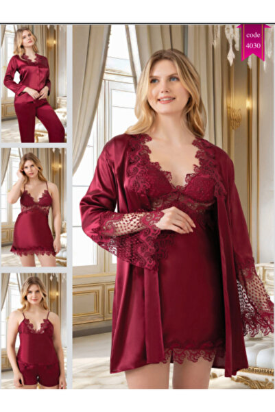 MİSS AYZA İÇTEN GELEN ŞIKLIK Missayza 4030 Silk Satin 6-Piece Short Nightgown and Dressing Gown Set