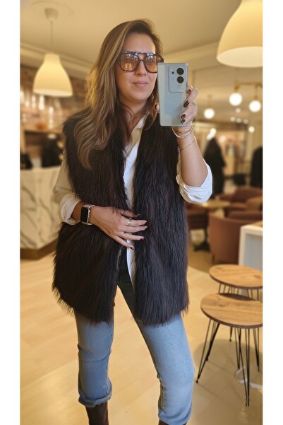 PINARKAYASTYLE Lined Fur Vest Women's Brown Pocket Detailed Collar Hooked