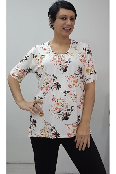 Mertcan Butik Cream Floral Print Front Smocked Short Sleeve Combed Viscose T-Shirt