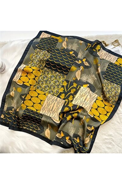 Accessories Hei Black and Yellow Patterned Stylish Silk-Look Women's Accessory Scarf Foulard