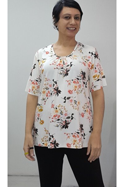 Mertcan Butik Cream Floral Print Front Smocked Short Sleeve Combed Viscose T-Shirt