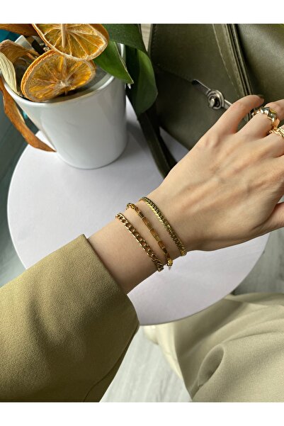 MARCİELO Accessories Çelik Altın Renk Şık 3’lü Bileklik Kombini – Trend ve Mi...
