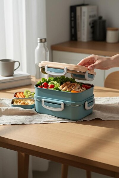 kitchenboost kulplu çelik sefer tası - yemek termosu saklama kabı 2 katlı 400+450=850ml.yeşil