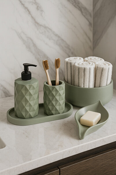 Zigzag Home Set de baie decorativ din 5 piese, dozator de săpun lichid, dozator de săpun solid, suport pentru periuță de dinți, tavă și suport pentru prosoape