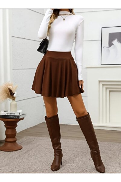 MAROVOAY High Waist Stretch Fabric Brown Mini Flared Skirt