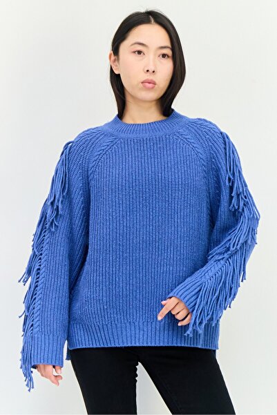 Whistles Women Oversized Fit Mock Neck Cable Knitted Sweater, Blue