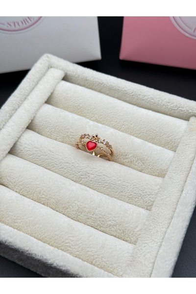 Alsem Gold Plated Special Red Heart Ring for Lovers, Gold Flower Motif Lover's Ring, Romantic Ring