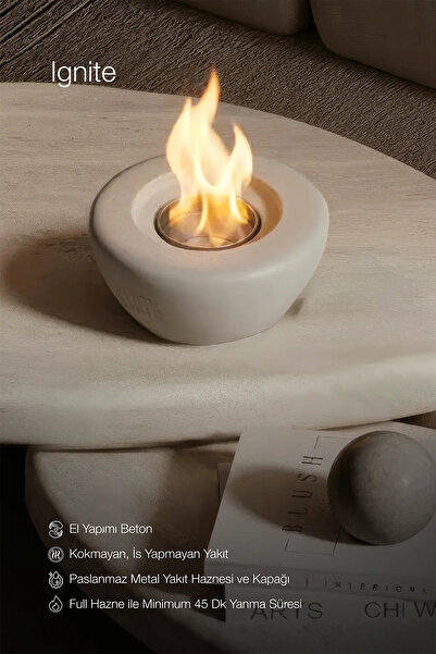 lumi atelier Lumi Ignite – Masaüstü Bacasız Beton Şömine + 1 L Bioethanol Hediye