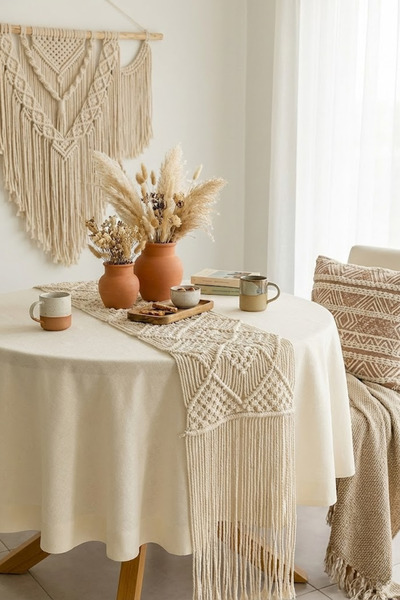 SONİKON LİNE Yuvarlak Gardenya Krem Keten Dokulu Masa Örtüsü Leke Tutmaz, Yum...