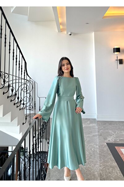 NURGENC Elara Uzun Kol Kloş Etek Midi Boy Dökümlü Saten Elbise