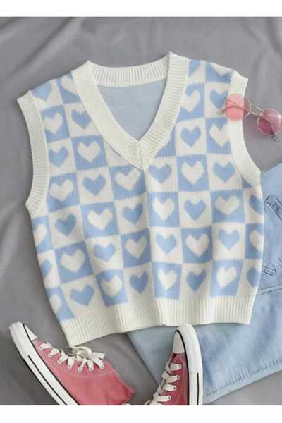 LUVON Blue Heart V-Neck Regular Women's Sweater