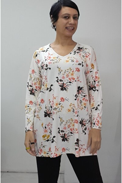 Mertcan Butik V-Neck Cream Black Floral Print All-Over Low-Sleeve Long-Sleeve Combed Viscose T-Shirt