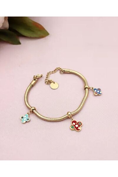 AKSESUARIM Women's Clover Detailed Enamel Dangle Steel Bracelet