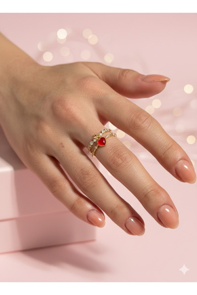 Alsem Gold Plated Special Red Heart Ring for Lovers, Gold Flower Motif Lover's Ring, Romantic Ring