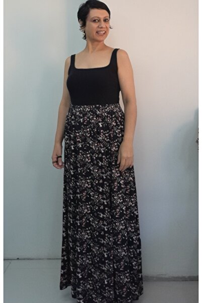 Mertcan Butik Black Floral Patterned 6-Piece Combed Viscose Skirt