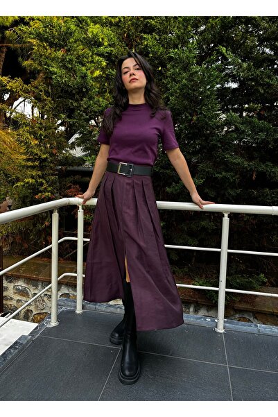 Somut istanbul Belted Midi Length Slit Skirt with Pleated Detail