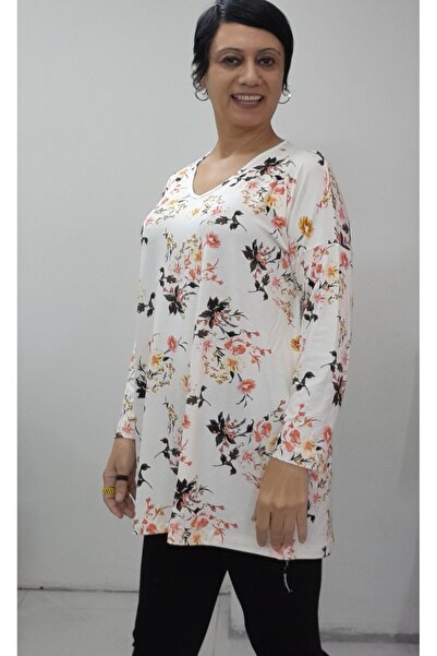 Mertcan Butik V-Neck Cream Black Floral Print All-Over Low-Sleeve Long-Sleeve Combed Viscose T-Shirt