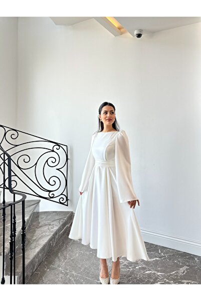 NURGENC Elara Uzun Kol Kloş Etek Midi Boy Dökümlü Saten Elbise