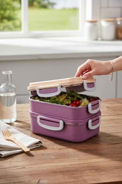 kitchenboost beslenme kabı çelik sefer tası - yemek termosu saklama kabı 2 katlı 400+450=850ml.