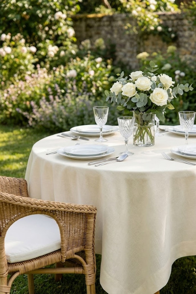 Storizaa مفرش طاولة دائري من الكتان الكريمي بنقشة الغاردينيا، مقاوم للبقع، سط...