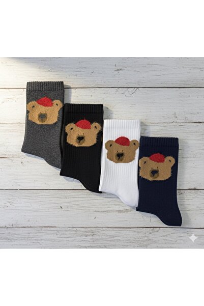 Pierre Lines Tedy Bear Print College Socks Set 4 Pairs