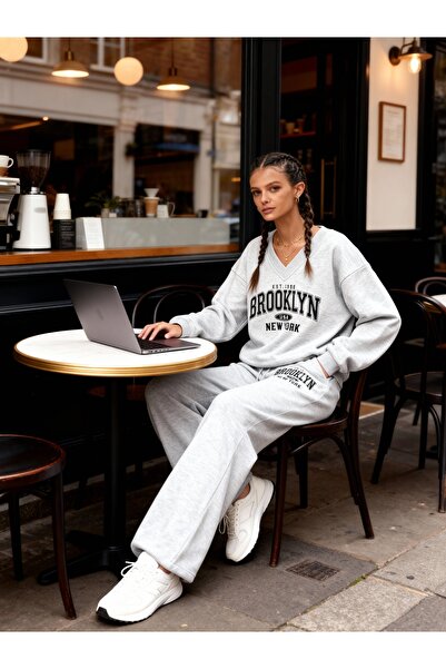 ALİKA V-Neck Wide Leg Bottom Top Tracksuit Set