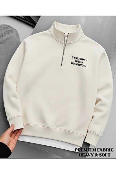 woonkey Premium Heavy & Soft Oversized Half Zipper Sweatshirt Unisex “Yesterday Today Tomorrow” Printed