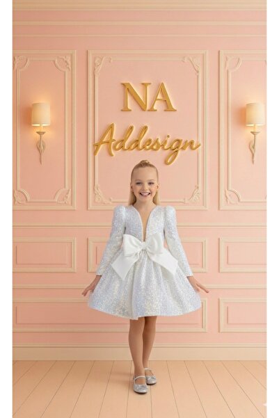 NA ADDESIGN Özel Tasarım Işıltılı Beyaz Prenses Elbise – Büyük Fiyonk Detaylı